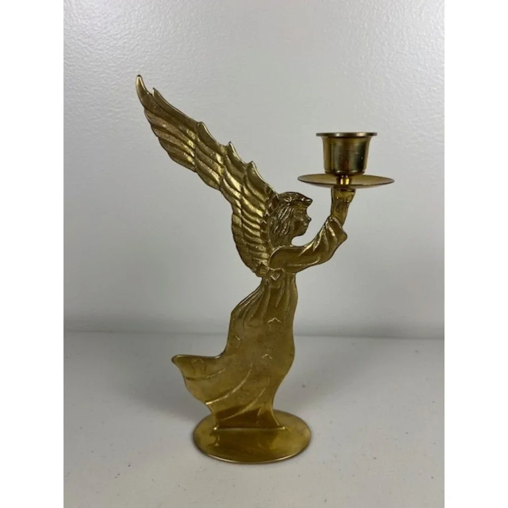 Vintage Solid Brass Angel Candlestick Holder Gold Tone Winged Celestial 8.5 inch